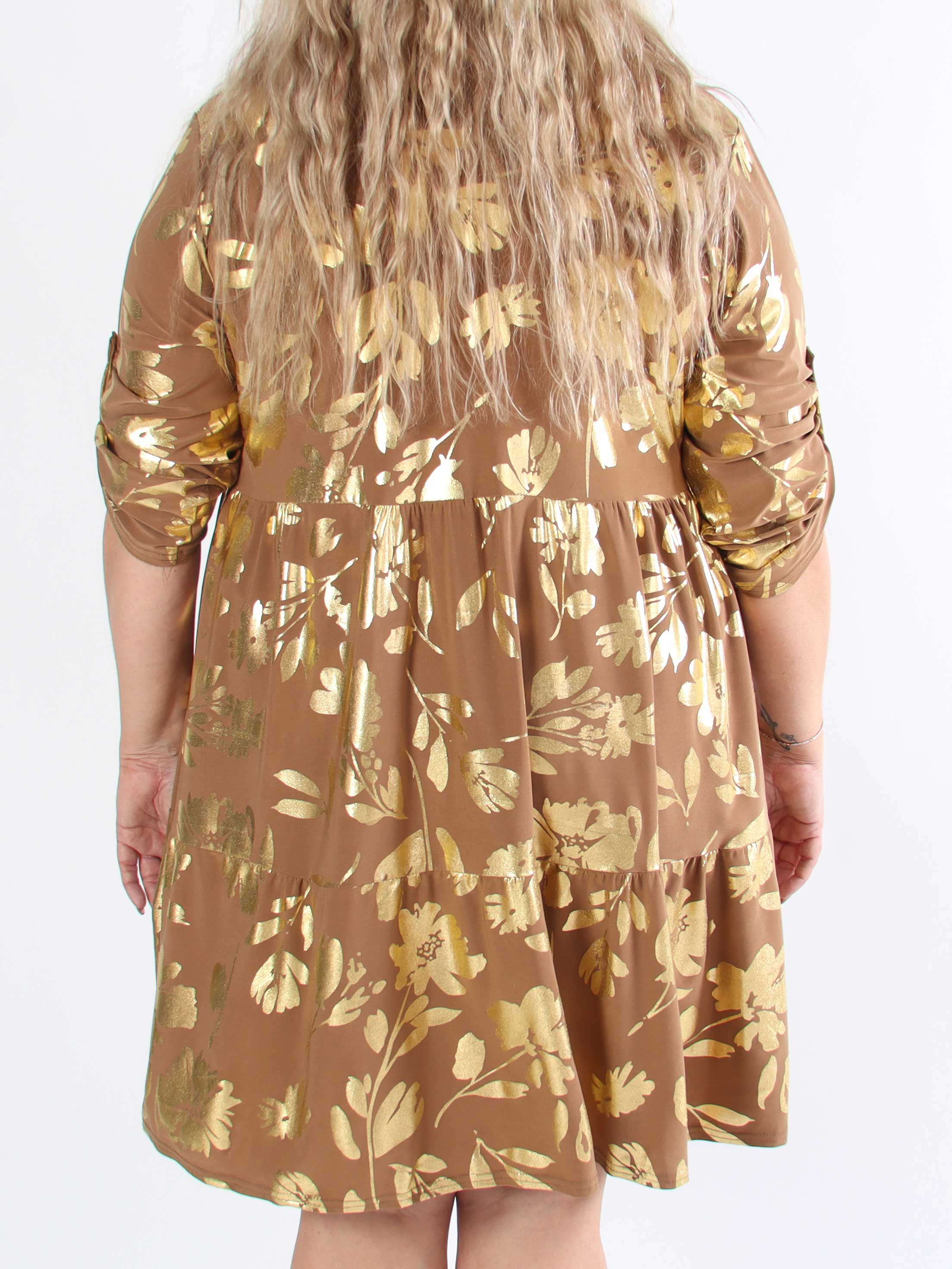 Milano Gold Flower Midi - Plus size-klänning med guldblad och lager-på-lager-look